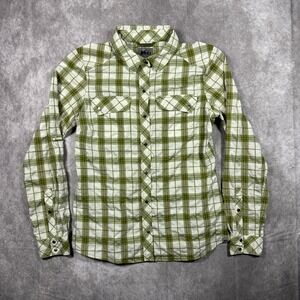 REI Co-op Women XS‎ Green Plaid Seersucker Snap Front Hiking Shirt Trail Top